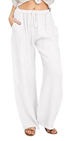 CHARTOU Women's Summer Drawstring Waist Wide Leg Loose Cotton Linen Palazzo Pants (X-Large, White)