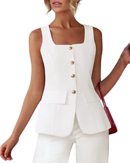 BTFBM Womens Sleeveless Suit Vests Dressy Casual Square Neck Business Work Waistcoat Summer Button Up Blazer Vest Tops(White, Large)