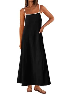 KIRUNDO Women Summer Maxi Sundress 2025 Boho Spaghetti Strap Sleeveless Casual Loose Flowy A Line Beach Vacation Dress(Black, Large)