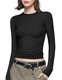 PUMIEY Long Sleeve Shirts for Women Slim Fit Tops Fall Fashion Basic Tee, Jet Black Small