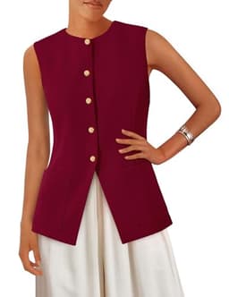 PRETTYGARDEN Women's Sleeveless Blazer Vest Summer 2025 Trendy Button Down Business Suit Vest Tops Outerwear Waistcoat(Wine Red,Large)