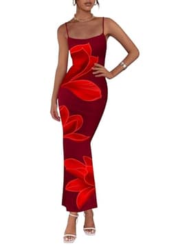 PRETTYGARDEN Womens Floral Maxi Dress Summer 2025 Sexy Spaghetti Strap Slip Bodycon Mesh Beach Vacation Dresses(Wine Red,X-Large)