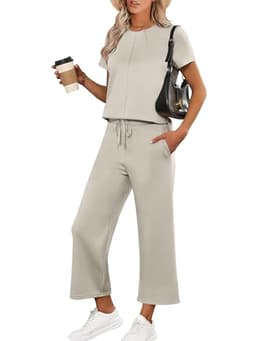 ANRABESS Women's 2 Piece Outfits Lounge Sets 2025 Summer Sweatsuits Short Sleeve Wide Leg Pants Sweat Set Tracksuits Clothes Light Khaki X-Large