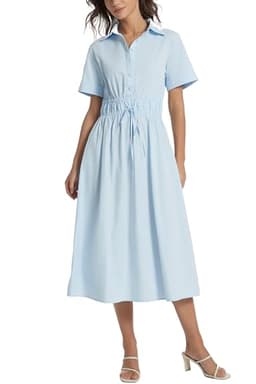 Ladyful Women Button Down Shirt Dress Casual V-Neck Short Sleeve Tie Waist Elegant Business Mid Shirt A-Line Flowy Dress Blue