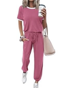 MASCOMODA Two Piece Sets for Women Summer 2025 Loungewear Jogger Set Spring Short Sleeve Tops Long Pants Casual Tracksuit Set(Pink,X-Large)
