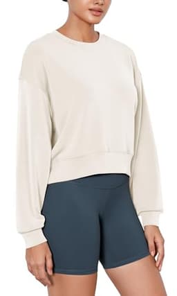 ODODOS Modal Soft Long Sleeve Cropped Sweatshirts for Women Oversized Crew Neck Pullover Crop Top, Ivory, Large