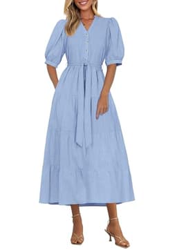 PRETTYGARDEN Women's Summer Midi Dress 2025 Casual Short Sleeve V Neck Buttons Belted Ruffle A Line Flowy Dress with Pockets (Light Blue,Large)