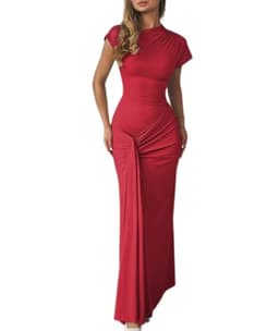 Mojessy Women Bodycon Maxi Dress Sexy Mock Neck Ruched Short Sleeve Long Dress Cocktail Dresses Red
