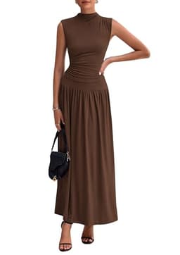 PRETTYGARDEN Women's 2 Piece Skirt Set 2025 Summer Ruched Tank Tops Ruffle Maxi Skirts Wedding Guest Matching Outfits (Coffee,Large)