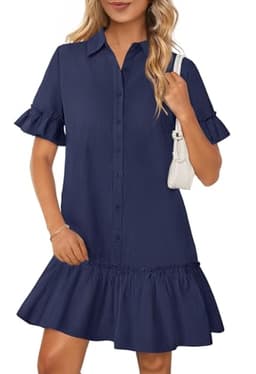 MEROKEETY Women's Summer Button Down Shirt Dress Casual Ruffle Sleeve Shift Mini Dresses with Pockets, Navy, Large