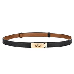 FENLDY Adjustable Thin Belts For Womens Skinny Belts For Dresses Womens Solid Color Alloy Turn Lock Belts For Jeans (Black belt gold buckle)