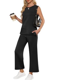 ANRABESS Women's 2 Piece Sets Summer Travel Airplane Outfits Sleeveless Wide Leg Casual Lounge Matching Sweat Set Sweatsuits Black X-Large