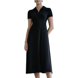 URBAN REVIVO Women Short Sleeve Casual Midi Dresses V Neck Party Loose S-Line Dress Black, X-Large