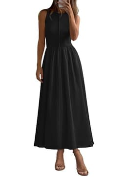 PRETTYGARDEN Women Maxi Dresses 2025 Summer Casual Sleeveless Patchwork Knit Tank Dress Flowy Beach Sundress Long Dress (Black,Large)