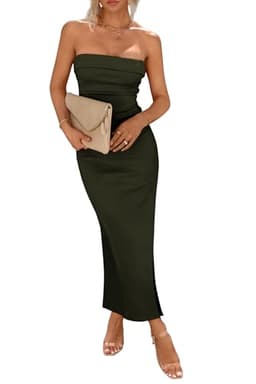 PRETTYGARDEN Women's Summer Bodycon Maxi Tube Dress Ribbed Strapless Side Slit Long Going Out Casual Elegant Party Dresses (Army Green,Large)
