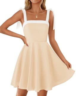 ZESICA Womens Summer Sleeveless Mini Dress Tie Shoulder Square Neck High Waist Swing A Line Short Sundresses,Apricot,Large