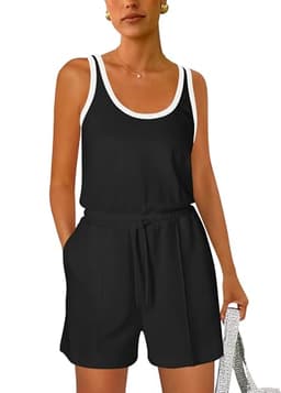PRETTYGARDEN Rompers For Women Sleeveless Drawstring Waistband One Piece Short Jumpsuit Summer Casual Outfits With Pockets(Black,X-Large)