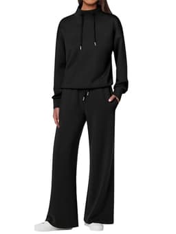 ANRABESS Womens 2 Piece Outfits Sweatsuit Set 2024 Fall Drawstring Sweatshirt Wide Leg Sweatpant Lounge Set Tracksuit Black Large