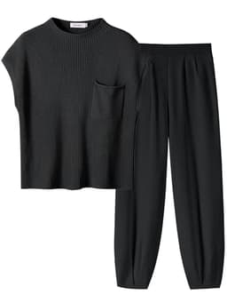 ANRABESS Women's Two Piece Outfits Knit Sweater Vest Crop Top Pants Lounge Matching Tracksuit Sweatsuit Travel Clothes Sets Black Medium