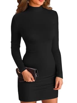 VICHYIE Women Dress Mock Neck Bodycon Ribbed Long Sleeve Fall Mini Black XL