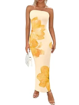 PRETTYGARDEN Women Summer Strapless Maxi Dress Bodycon Floral Sexy Long Wedding Guest Dress Formal Tube Mesh Cocktail Dresses(Yellow Flower,Large)