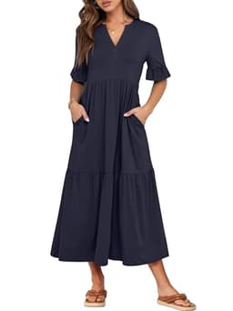 ANRABESS Women's Casual Summer Ruffle Short Sleeve T Shirts Maxi Dress 2025 Spring V Neck Flowy Tiered Boho Beach Dresses Navy Blue Large
