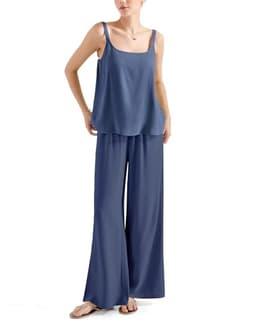 SUUKSESS Women 2 Piece Linen Lounge Set Sleeveless Top Wide Leg Pants Matching Sets Beach Vacation Outfits (Blue,XL)