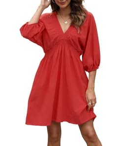 Ladyful Women's Cotton Linen Mini Dress V Neck 3/4 Sleeve Babydoll Short Flowy Dress Casual Loose Shift Tunic Dress Red