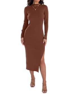 ZESICA Women's 2025 Ribbed Knit Dress Long Sleeve Mock Neck Slim Fit Side Slit Spring Elegant Sweater Dresses,Coffee,X-Large