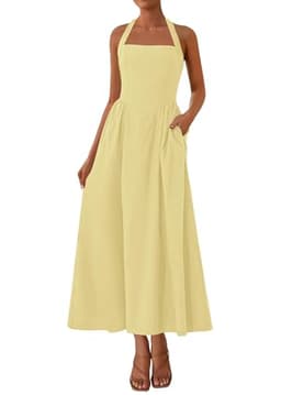 KIRUNDO Women Summer Sleeveless Halter Maxi Dress Sundress 2025 Casual Flowy Wedding Guest Cocktail Beach Vacation Dresses(Yellow, Large)