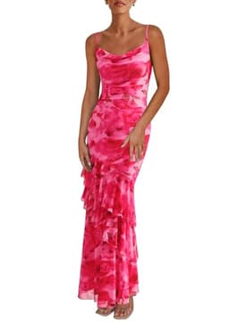 PRETTYGARDEN Maxi Dresses for Women 2025 Summer Tiered Floral Beach Sundress Spaghetti Strap Wedding Guest Long Dress (Print Pink,X-Large)