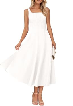 MEROKEETY Women's 2025 Summer Sleeveless Midi Dress Square Neck Smocked Flowy A Line Beach Dresses, Ivory, Large