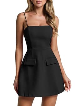 Wenrine Womens Spaghetti Strap Mini Dress Summer Sleeveless Zipper Back Slim Fit Party A Line Dresses Black
