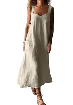 chouyatou Women's Summer Spaghetti Strap Sleeveless Linen Overall Dress Casual A-Line Midi Long Beach Dress (Large, Apricot)