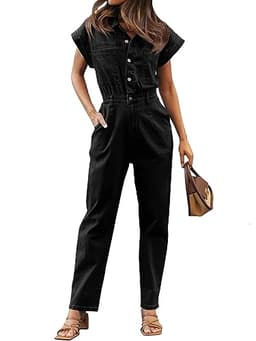 Tongmingyun Women's Cap Sleeve Denim Jumpsuit Button Down Straight Leg Jeans Long Pants Rompers with Pockets