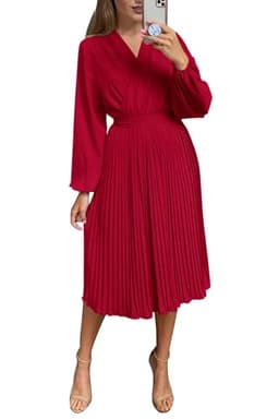 PRETTYGARDEN Women's Spring Midi Dress Long Puff Sleeve Wrap V Neck Flowy Ruffle Pleated Casual Fall Dresses (Red,Large)