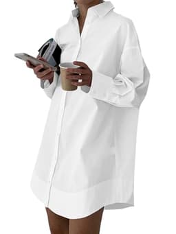 LYANER Women's Casual Shirts Dress Collar V Neck Button Down Loose Long Sleeve Mini Dresses White Large