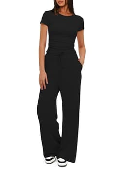 Darong Women's Two Piece Outfits Lounge Sets Ruched Short Sleeve Pullover Tops and High Waisted Pants Tracksuit Sets 9042B Black XL