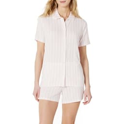 Amazon Essentials x Sofia Grainge Women's Mommy and Me Short Sleeve Pajama Set, Pale Pink Bold Stripe, Large