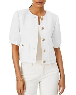 LifeShe Puff Short Sleeve Tweed Jacket Women Cropped Jackets Summer Open Front Office Work Blazer Coat