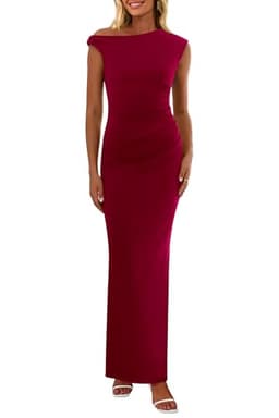 PRETTYGARDEN Women's 2025 Summer Formal Maxi Dresses Sleeveless One Shoulder Bodycon Ruched Mesh Wedding Guest Cocktail Dress (Wine Red,X-Large)