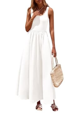 PRETTYGARDEN Womens Summer Casual Scoop Neck Sleeveless Long Dresses Tank Top Patchwork Aline Swing Maxi Dress with Pockets (White,Large)