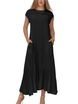 KEOMUD Women Summer Pleated Maxi Dress Casual Short Sleeve Crewneck Flowy Swing Long Dress with Pockets Black X-Large
