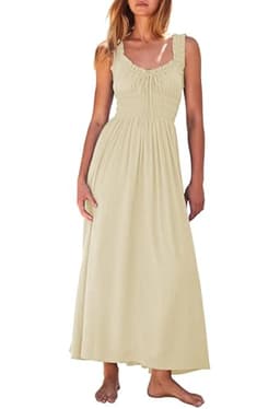 Duigluw Women Summer Dresses Sleeveless Smocked Midi Dress High Waist Casual Tiered A Line Sundress Apricot XL