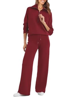 Glamaker Women 2 Piece Outfits 2025 Fall Sweatsuit Hoodie Set Oversized Half Zip Sweatshirt Sweatpant Lounge Set Tracksuit Travel Vacation Outfits 2025 Burgundy XL
