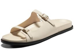 Coutgo Womens Flat Sandals Comfortable Wide Width Slides Double Strap Adjustable Buckle Slip on Shoes, Beige Grey, Size 9.5