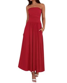 BTFBM Summer Maxi Dresses for Women 2025 Strapless Ruched Tube Top Flowy Beach Vacation Wedding Guest Dress Pockets (Red, Large)