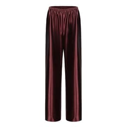 Women Satin Wide Leg Dress Pants Dark Brown Silk Casual Dressy Long Flowy Pants Elastic High Waisted Trousers L