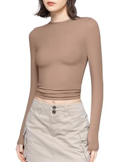 PUMIEY Women's Long Sleeve T Shirts Crew Neck Slim Fit Going Out Tops for Women Sexy Basic Tee, Taffy X-Small