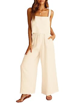 ANRABESS Women's 2 Piece Outfits Linen Pants Jumpsuit Matching Lounge Set Casual Summer Beach Vacation Trendy Clothes Beige X-Large